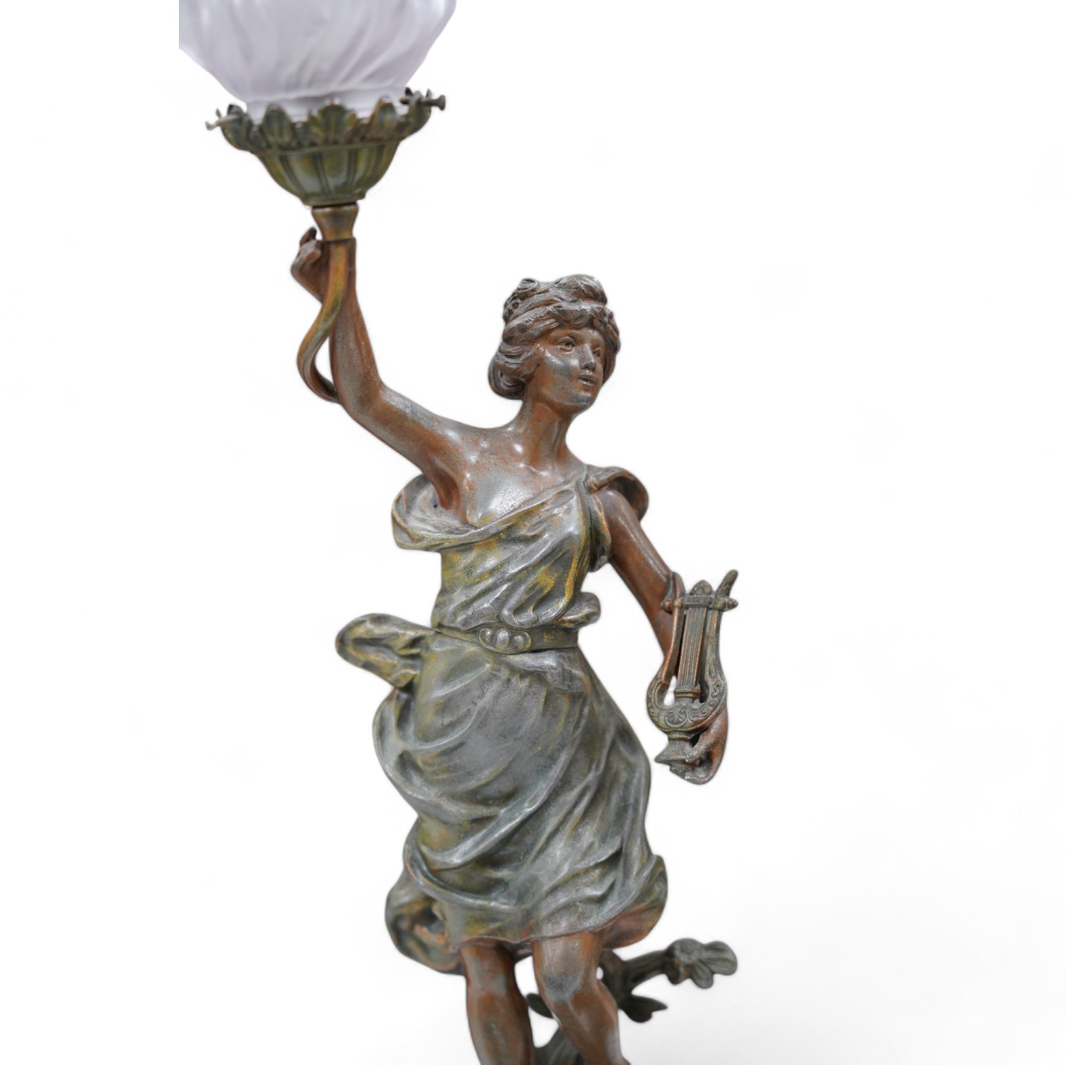 After Guillemin (1841-1907), a pair of spelter figural lamps with frosted glass shades, overall 61cm high. Condition - poor to fair, damage to glass